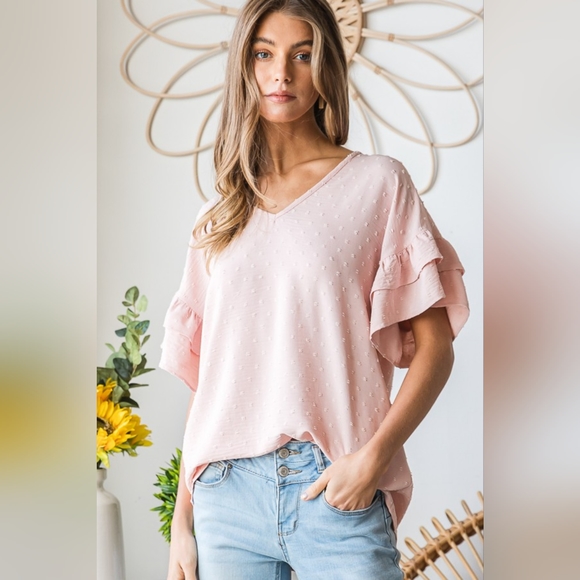 Heimish Full Size Swiss Dot Ruffle Short Sleeve Top - Picture 1 of 8